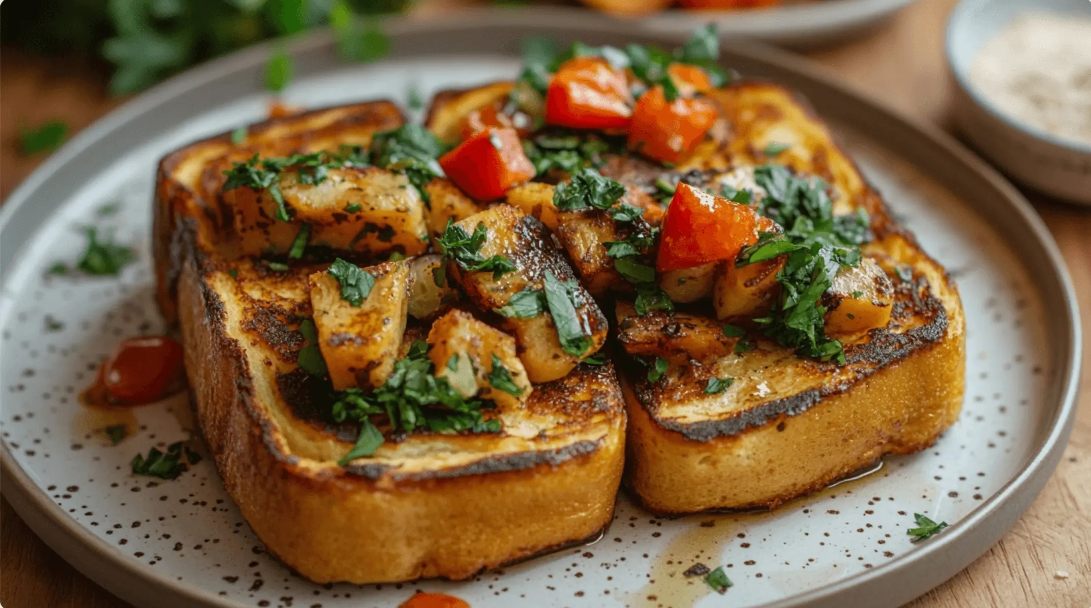 Delicious savory French toast topped with fresh herbs and melted cheese, served on a rustic plate.