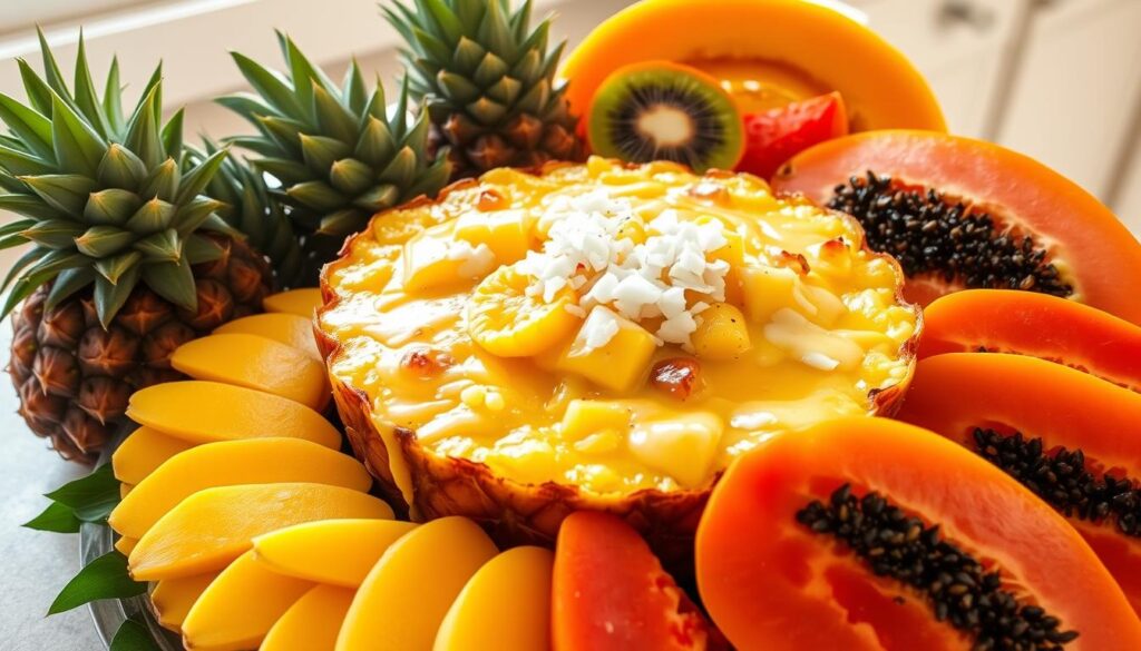 tropical fruit combinations in pineapple casserole