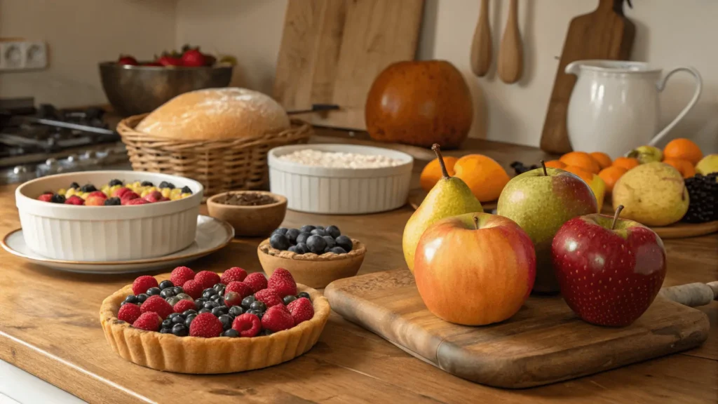 Freshly baked fruit desserts with apples, berries, and peaches on a rustic wooden table