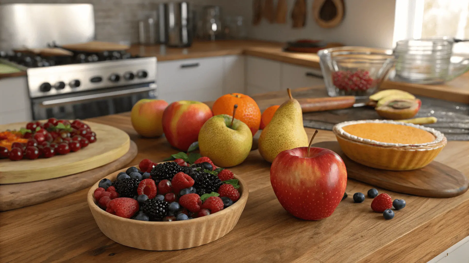 Freshly baked fruit desserts with apples, berries, and peaches on a rustic wooden table