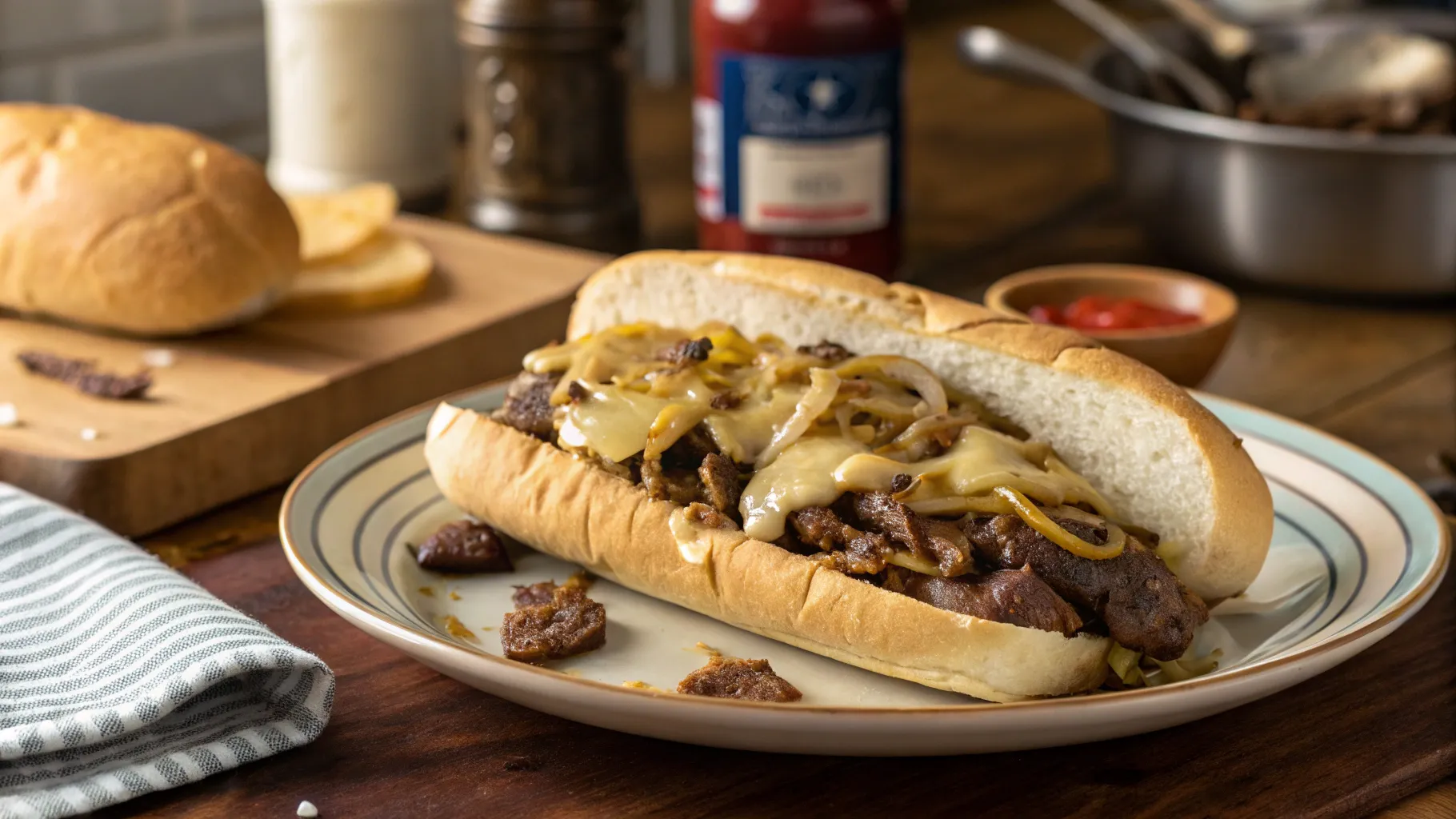 Cowboy cheesesteak sandwich with melted cheese and barbecue sauce