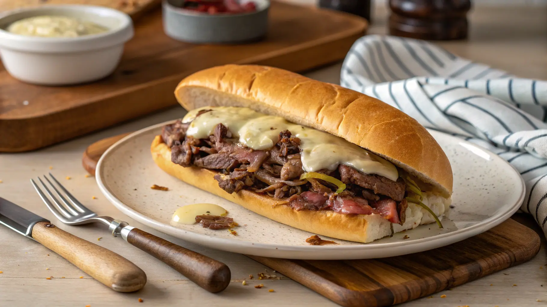 Healthy Philly cheesesteak with fermented mayo, sautéed onions, and fresh bell peppers served on a wooden board.