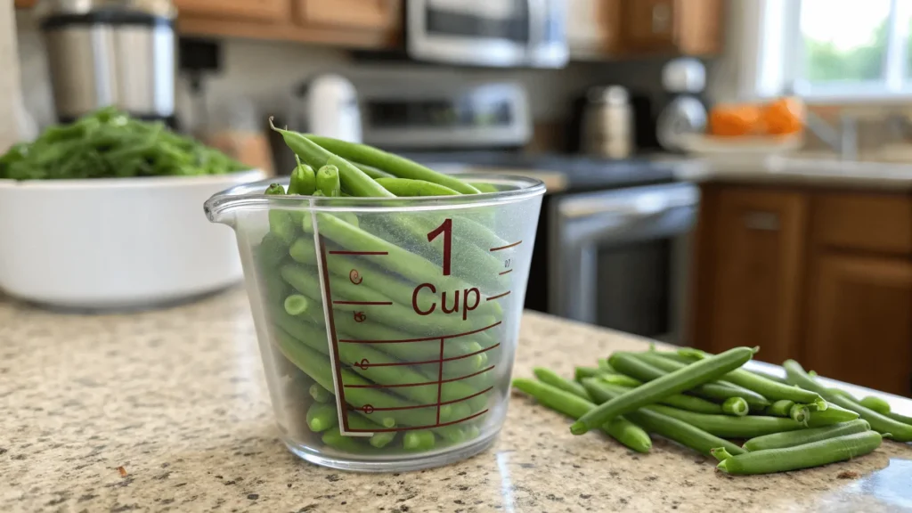 Measuring green beans in a cup for accurate cooking measurements