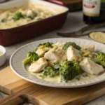 Chicken Divan casserole with golden cheese topping.