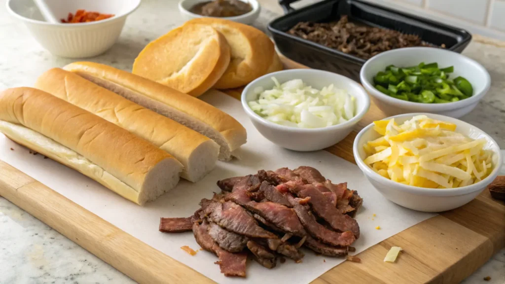 Healthy Philly cheesesteak with whole-grain bread, lean beef, and colorful vegetables