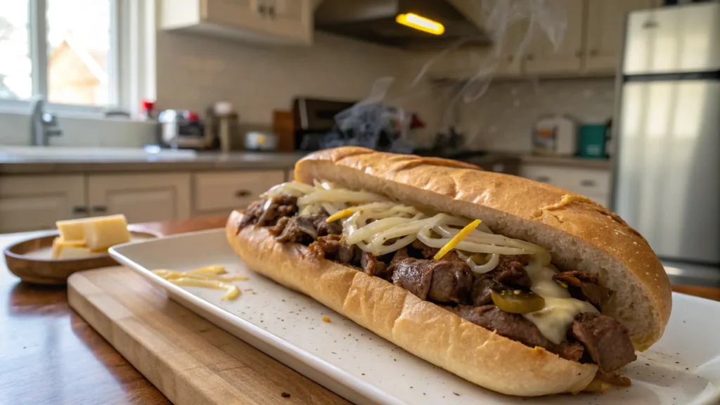 Thinly sliced ribeye steak cooked with onions and bell peppers for a Philly cheesesteak