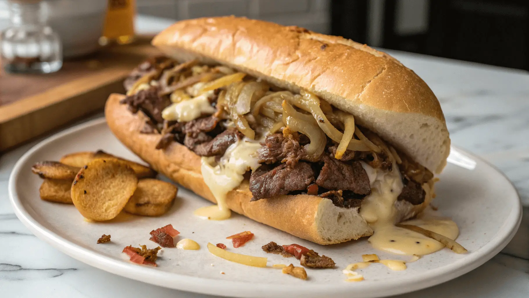 Healthy Philly cheesesteak with whole-grain bread, lean beef, and colorful vegetables, served on a wooden board