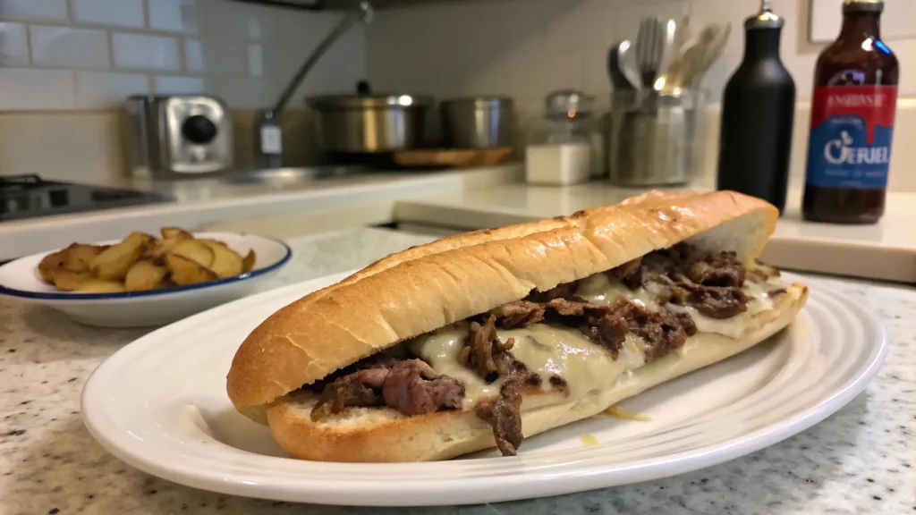 Thinly sliced ribeye steak cooked with onions and bell peppers for a Philly cheesesteak