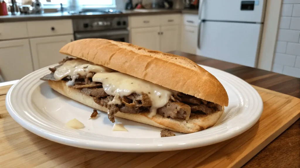 Healthy Philly cheesesteak with whole-grain bread, lean beef, and colorful vegetables