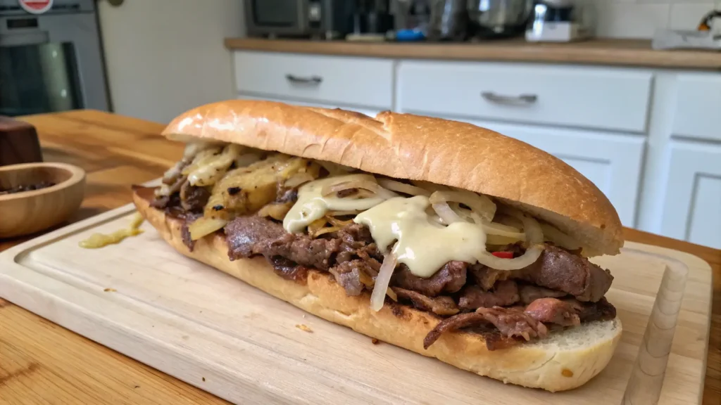 Thinly sliced ribeye steak cooked with onions and bell peppers for a Philly cheesesteak