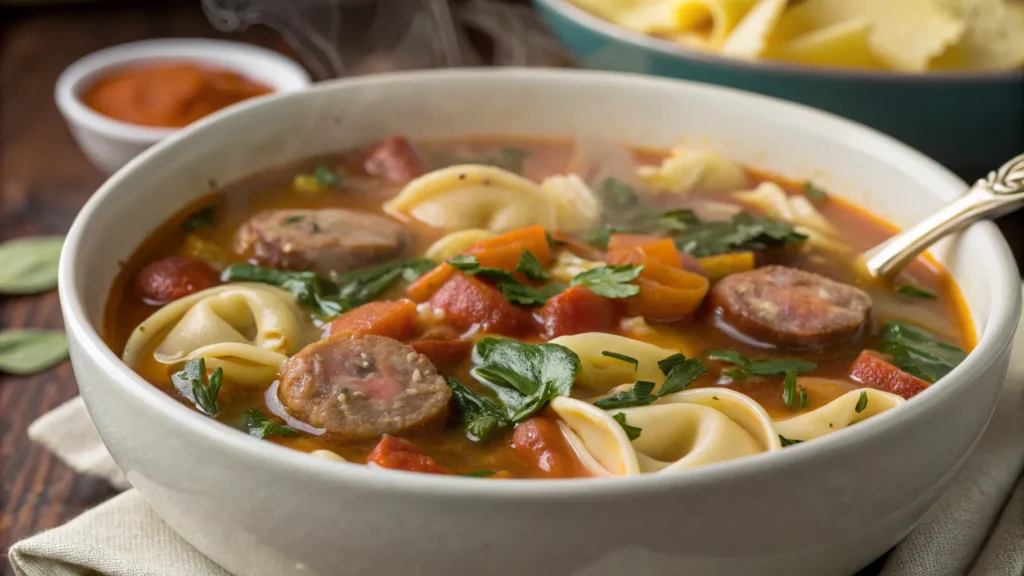 Crockpot Sausage Tortellini Soup close-up.