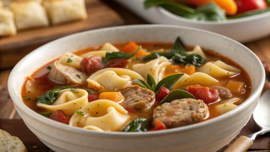 Crockpot Sausage Tortellini Soup close-up.