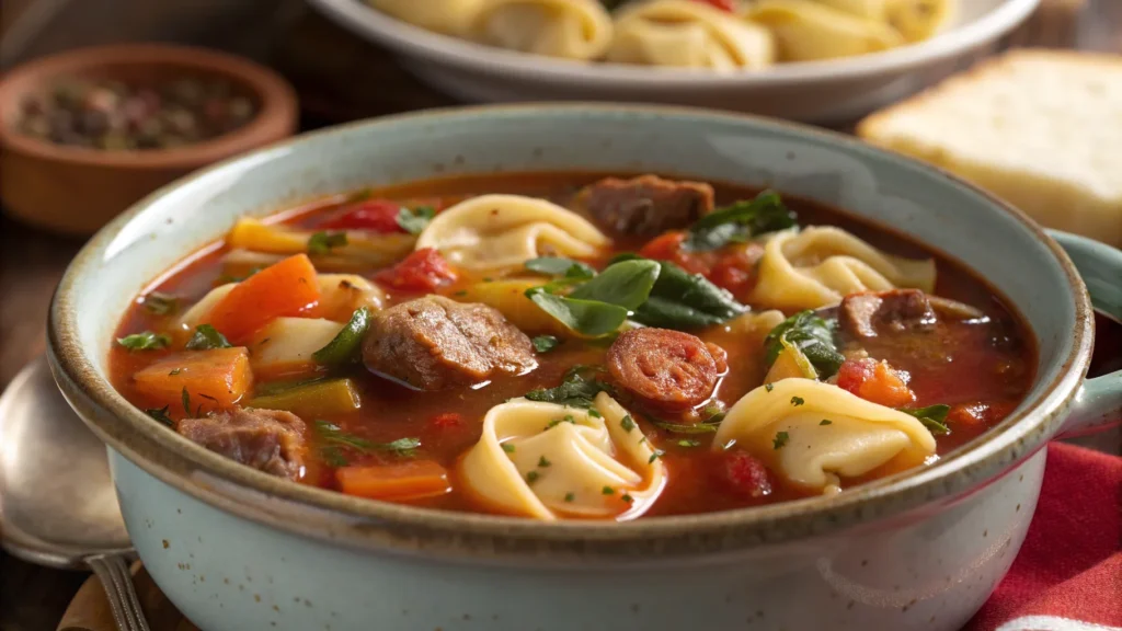 Crockpot Sausage Tortellini Soup close-up.