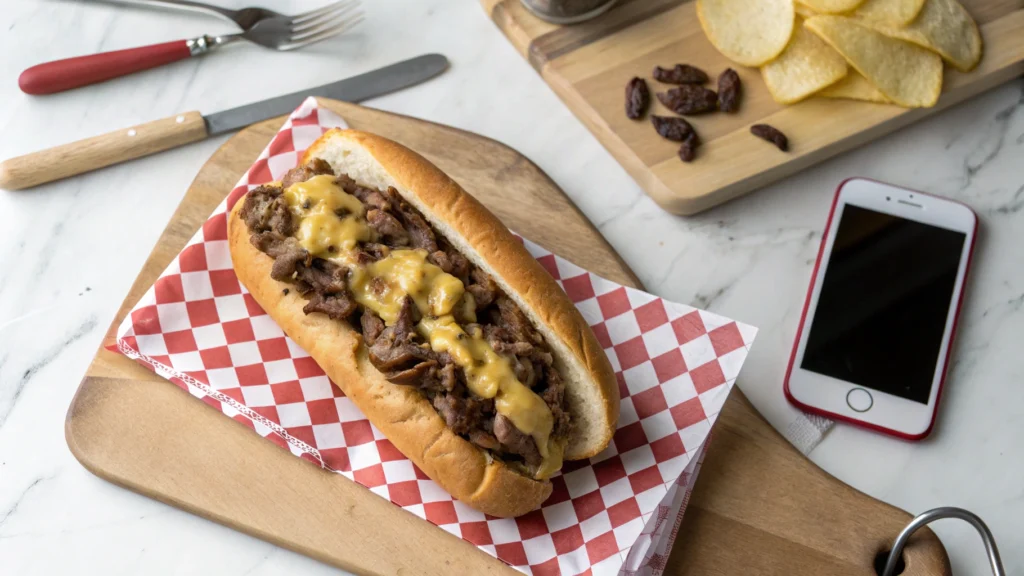 West Philly cheesesteak with melted Cheez Whiz and caramelized onions.