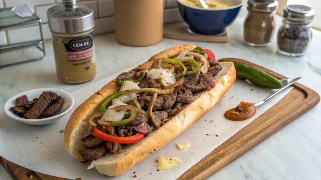 West Philly cheesesteak with melted Cheez Whiz and caramelized onions