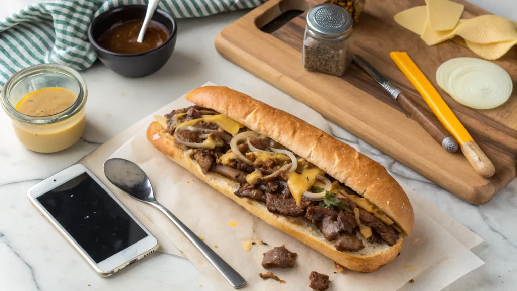 West Philly cheesesteak with melted Cheez Whiz and caramelized onions.